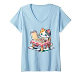 Womens Cute Cat Kawaii On Table Eating Pizza Food V-Neck T-Shirt