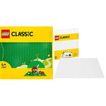 LEGO 11023 Classic Green Baseplate, Square 32x32 Stud Building Base, Build and Display Board Set & 11010 Classic Baseplate White 10" x 10" / 25 cm x 25 cm for Winter Sets Construction Base