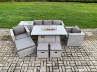 Outdoor Garden Dining Sets Rattan Furniture Gas Fire Pit Dining Table With 2 Armchairs Side Table Footstools