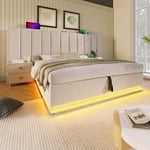 Klädd säng med förvaringsutrymme för linne, 180 x 200 cm - med LED och laddning - med lamellram - Beige