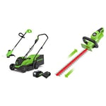 Greenworks Electric Lawn Mower 24V 33cm 30L Grass Catcher Box GD24LM33 and Cordless Grass Trimmer & G24HT56 Cordless Hedge Trimmer, 56cm Dual Action Blades, Cuts up to 18mm Thick Branches