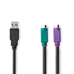 2 i 1kabel | USB 2.0 | USB-A Hane | 2x PS/2 Hona | 480 Mbps | 0.30 m | Nickelplaterad | Rund | PVC | Svart | Låda