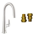 GROHE Veletto & UK Adaptors – 1 Lever Kitchen Sink Pull Out Mixer Tap (High C-Spout, 2 Spray, 28mm Ceramic Cartridge, 360° Swivel Range, Tails 3/8 Inch), QuickMount Included, Stainless Steel, 30419DC0