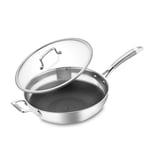 Velaze Wok with Lid, Cooks Standard 18/10 Stainless Steel Multi-Ply Clad Wok, with Toughened Glass Lid and Non-Slip Stay-Cool Handles, for Electric Stove Induction Cooker and Gas Stove - 32cm Wok Pan