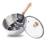Nostick Stainless Steel Saucepan Milk Sauce Pan, Traditional Japanese Yukihira Pot, Hammered Saucepan with Glass Lid and Solid Wood Handle(Silver),16cm/6.3in