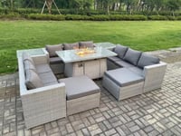 Outdoor Garden Dining Sets Rattan Furniture Gas Fire Pit Dining Table Gas Heater with 2 Side Tables Big Footstool