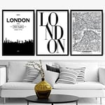 Artze Wall Art London Skyline Street Map City Prints 3-Piece Set, 30 cm Width x 40 cm Height, Black/White