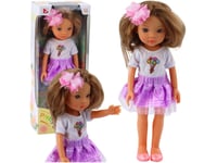 Docka I Lila Klänning Långt Brunt Hårspänne Blomma Lean Toys