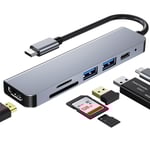 Hubb USB C, Multiport USB C-adapter för MacBook Pro, 6-i-1 USB C till HDMI-hubb (4K HDMI USB3.0 USB2.0 SD/TF-kortläsare 87W PD)