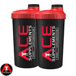 Ace Supplements 2x700ml Shaker Black-Red Protein BCAA'S Pre Workout Mixer Bottle