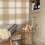 Carmella Tartan Check Wallpaper 7158 Sand Cream Textured Hessian Vinyl Belgravia