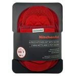 KitchenAid Set Mini Mitts Silicone Coated 260°C - 2x Mini Mitts & 2x Pot Holders Oven Gloves Mitt Heat Resistant (Red)
