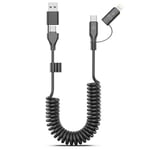 4 en 1 Coiled Câble de Charge, Certifié MFi, Nylon USBA/C vers Lightning/USB C Cable, 60W Fast Charging iPhone Cable Lead for iPhone 15 14 13 12/iPad/Android/Laptop, Support Apple CarPlay
