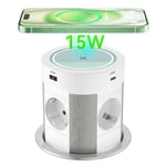 Multiprise Encastrable Plan de Travail 2 USB C PD 75W, Bloc Prise Encastrable avec 15W Chargeur Induction et 4 Prises, Prise de Table Escamotable Prise de Table Rétractable, 1.8M Câble, Blanc