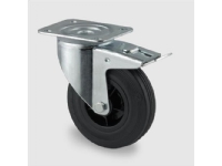 Drejeligt hjul m/ bremse, sort massiv gummi, Ø100 mm, 75 kg, rulleleje, med plade Byggehøjde: 128 m