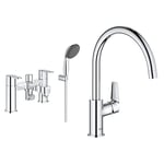GROHE 25177000 | Get Deck Mounted Mixer Shower Set & BauEdge Kitchen Tap, Tool Less Fitting, Chrome Mixer Tap 31367001