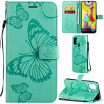 DodoBuy Samsung Galaxy A21s Case 3D Butterfly Pattern Premium PU Leather Flip Cover Wallet Kickstand Magnetic Closure Credit Card Slots Holder Wrist Strap for Samsung Galaxy A21s - Green