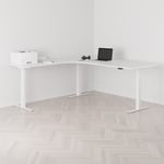 Höj och sänkbart hörnskrivbord, vänstersvängt, vitt stativ, vit bordsskiva 200x200cm