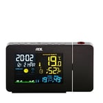 ADE Station météo avec projection et capteur extérieur | thermomètre, hygromètre, indicateur de climat intérieur | écran LCD éclairé | réveil avec signal horaire DCF et calendrier | noir