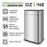 Tower Ozone Sensor Bin, Large 60L, Hands Free, Stainless Steel T938023SS