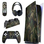playvital Army Green Camouflage Full Set Skin Decal for ps5 Console Digital Edition, Sticker Vinyl Decal Cover for ps5 Controller & Charging Station & Headset & Media Remote