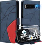 Housse De Protection 3 En 1 Pour Google Pixel 8pro Avec Double Écran Trempé, Fermeture Magnétique, Support Intégré En Cuir Pu Souple - Bleu Et Rouge