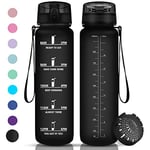Vikaster Bouteille d'eau, Gourde Sport 1 Litre, sans BPA, Étanche & Réutilisable, Water Bottle Ouvrir en un Clic, Convient Pour la Gym, le Yoga, le Camping, Gourde Randonnée Mat Noir