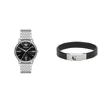 Emporio Armani Montre Homme en Acier Inoxydable Argent et Bracelet Cuir Noir, Set