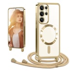 CaseLover Coque avec Cordon pour Samsung Galaxy S23 Ultra, Coque Magnétique de Cellulaire Corde Transparent TPU Étui en Galvanisé avec Réglable Collier Chaîne Lanyard Housse pour S23 Ultra 5G, Or