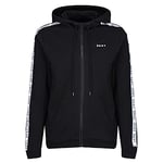 DKNY Men's Long Hooded Top, Designer Zip Front Hoodie – Black with White Branded Sleeve Trim Sweatshirt, L