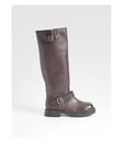 Boohoo Wide Fit Double Buckle Chunky Knee High Boots, Brown, Size 4, Women