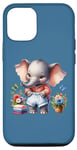 Coque pour iPhone 15 Pro Bébé éléphant bleu en tenue, fleurs et papillons