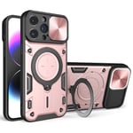 iPhone 15 Pro-deksel med stativ og kamerabeskyttelse - Rosa