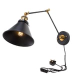 HJXDtech Industrial Vintage Plug in Cord and ON/Off Switch Wall Lamp, Adjustable Swing Arm Wall Sconce Lighting, Retro Loft E27 Brass Bedside Lamp (Black Metal)