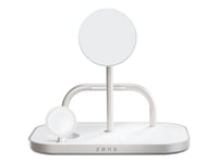 Zens 4-In-1 Magnetic + Watch Wireless Charger - Trådlöst Laddställ + Växelströmsadapter - 65 Watt - Fast Charge - Vitt/Silver