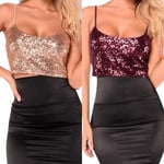 Women Spaghetti Strap Sequinned Solid Color Cami Red S
