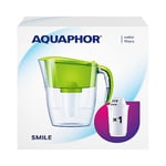 AQUAPHOR Water Filter Jug Smile, Space-saving, Lightweight Fridge door fit 2.9L Capacity 1 X A5 350L Filter Included Reduces Limescale Chlorine & Microplastics, Green