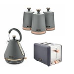 Tower Housewares Cavaletto 3kW Pyramid Kettle 2 Slice Toaster, 3 Canisters GREY & Rose Gold
