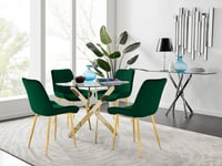 Novara 100cm Round Tempered Glass Dining Table with Gold Legs & 4 Pesaro Velvet Chairs