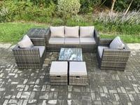Wicker 7 Pieces Rattan Garden Furniture Sofa Set with Armchair Side Table Square Coffee Table 2 Small Footstools