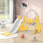 ModernLuxe Slide for Kids, 4 in 1 Multifunctional Swing and Slide Set, Kids Slide with Climb Ladder, Swing, Basketball Hoop, Cute Cartoon Image, Safe Play Equipment for Kids Toddlers, Yellow