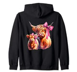 Cute Baby Scottish Highland Cow and Calf Pink Coquette Zip Hoodie