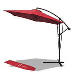 VOUNOT 3m Cantilever Garden Parasol, Banana Patio Umbrella with Crank Handle, Wind Protection Strap and Tilt for Outdoor Sun Shade, Red