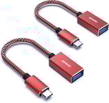 BENFEI Adaptateur USB C vers USB 3.0, 5Gbps OTG Type-C Mâle vers USB A Femelle [Nylon Tressé Aluminium], Compatible avec iPhone 16/15 Plus Pro Max MacBook Pro Air iPad Pro Galaxy S23, Lot de 2-Rouge