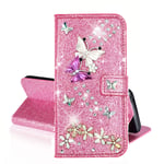 QC-EMART for Samsung Galaxy A12 Phone Wallet Case Glitter Butterfly Pink PU Leather Flip Folio Case Cover with Card Holders Magnetic Closure Phone Holster for Samsung Galaxy A12