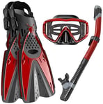 Nologo Snorkel Set - Fully Dry Top Snorkel with Silicon Mouth, impact-resistant tempered glass snorkeling mask, two bare-foot masks, snorkeling and fin/fin PVC,Red,S/MD