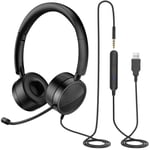 New Bee USB Headsets with Microphone with 3.5mm Jack Noise Cancelling Mic Comfortable Light Weight Business Style for PC/Laptop Android Mobile Phone (Black)