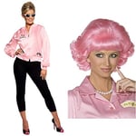 Smiffys Women's Grease Pink Ladies Jacket, Size:M, Colour: Pink, 28385M & Frenchy Wig - Pink
