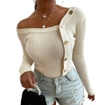 Womens Long Sleeve One Shoulder Ribbed Slim Casual Pullover Tops White M
