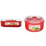 Sistema Rectangle Microwave Container | 1.25 L | BPA-Free | Red/Clear & Microwave Round Bowl | Microwave Food Container | 915 ml | BPA-Free | Red/Clear
